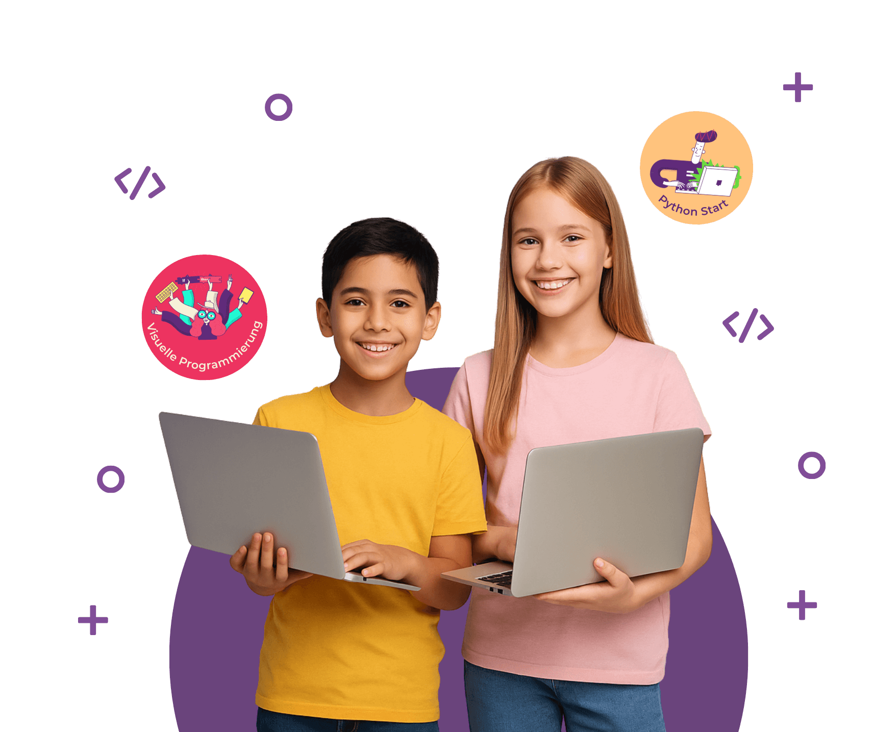 Zwei Kinder mit Laptops beim Programmieren – visuelle Programmierung und Python für Anfänger