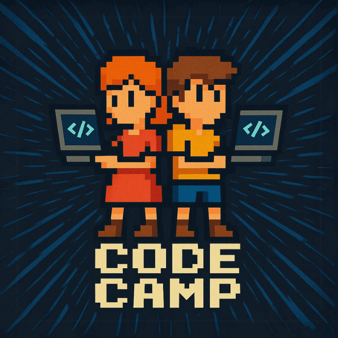 Pixelart-Logo des Code Camps mit zwei Jugendlichen und Laptops
