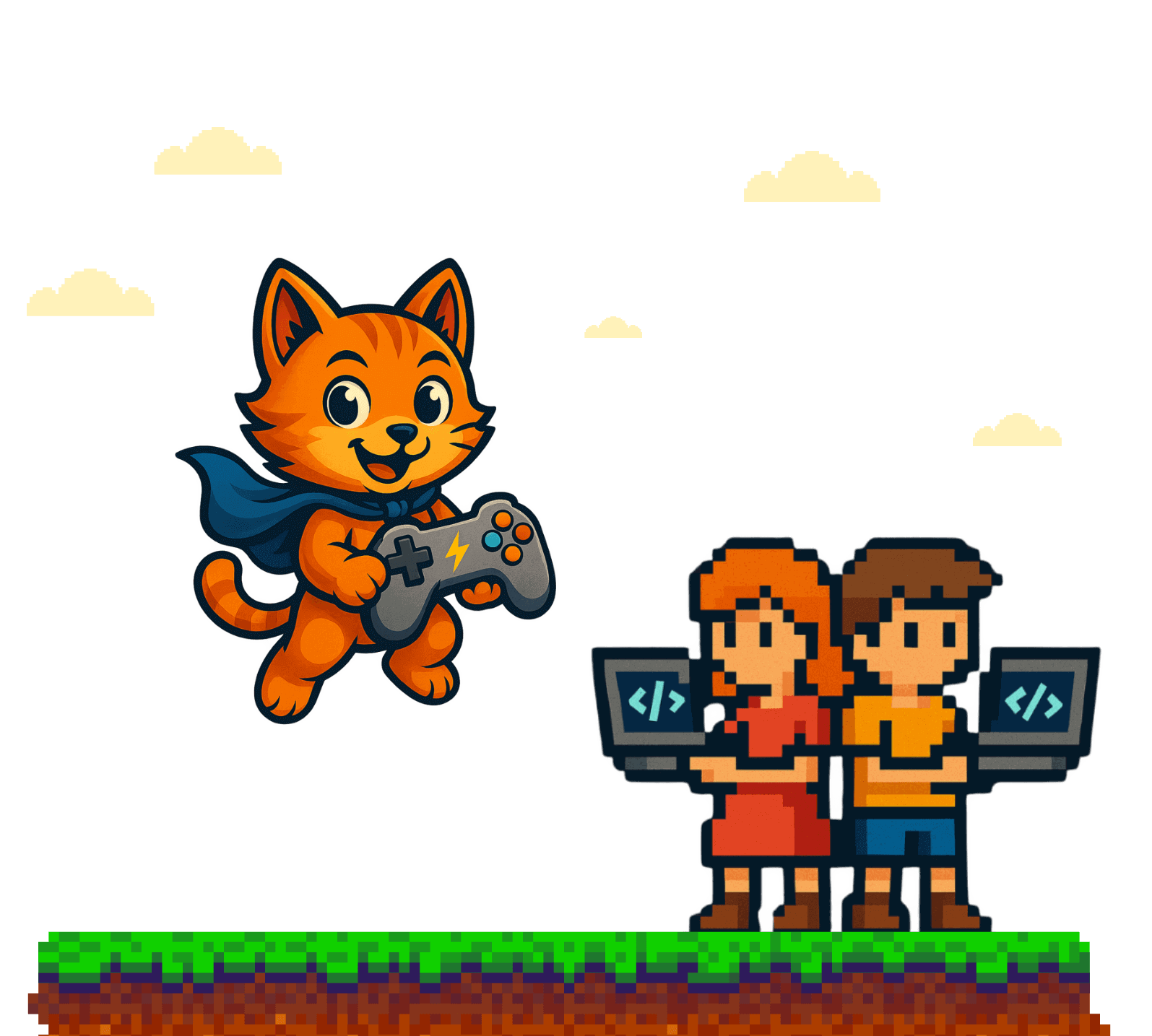 feriencamp-header-gamecraft-codecamp Headergrafik für das Feriencamp mit GameCraft Junior (Katze mit Controller) und Code Camp für Teenager (Pixelkinder mit Laptops)