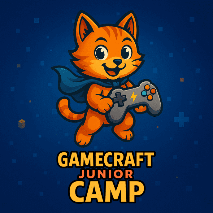 Logo des Gamecraft Junior Camps mit einer Katze, die einen Controller hält
