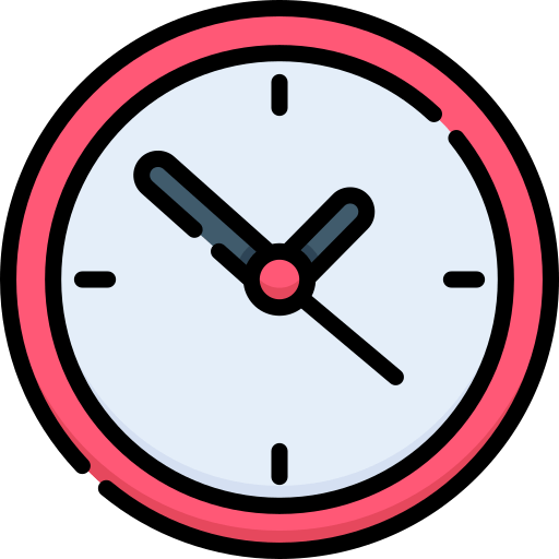 Symbol für Kursdauer: Uhr zeigt 90 Minuten pro Woche mit Pause