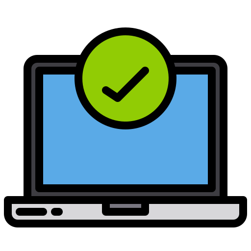 Laptop mit grünem Häkchen – steht für einfachen Start ohne Installation