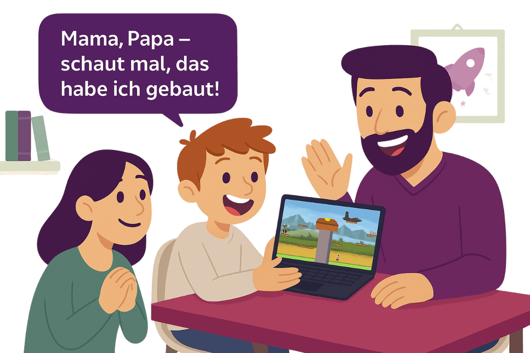 Ein Kind präsentiert seinen Eltern stolz ein selbst erstelltes Computerspiel